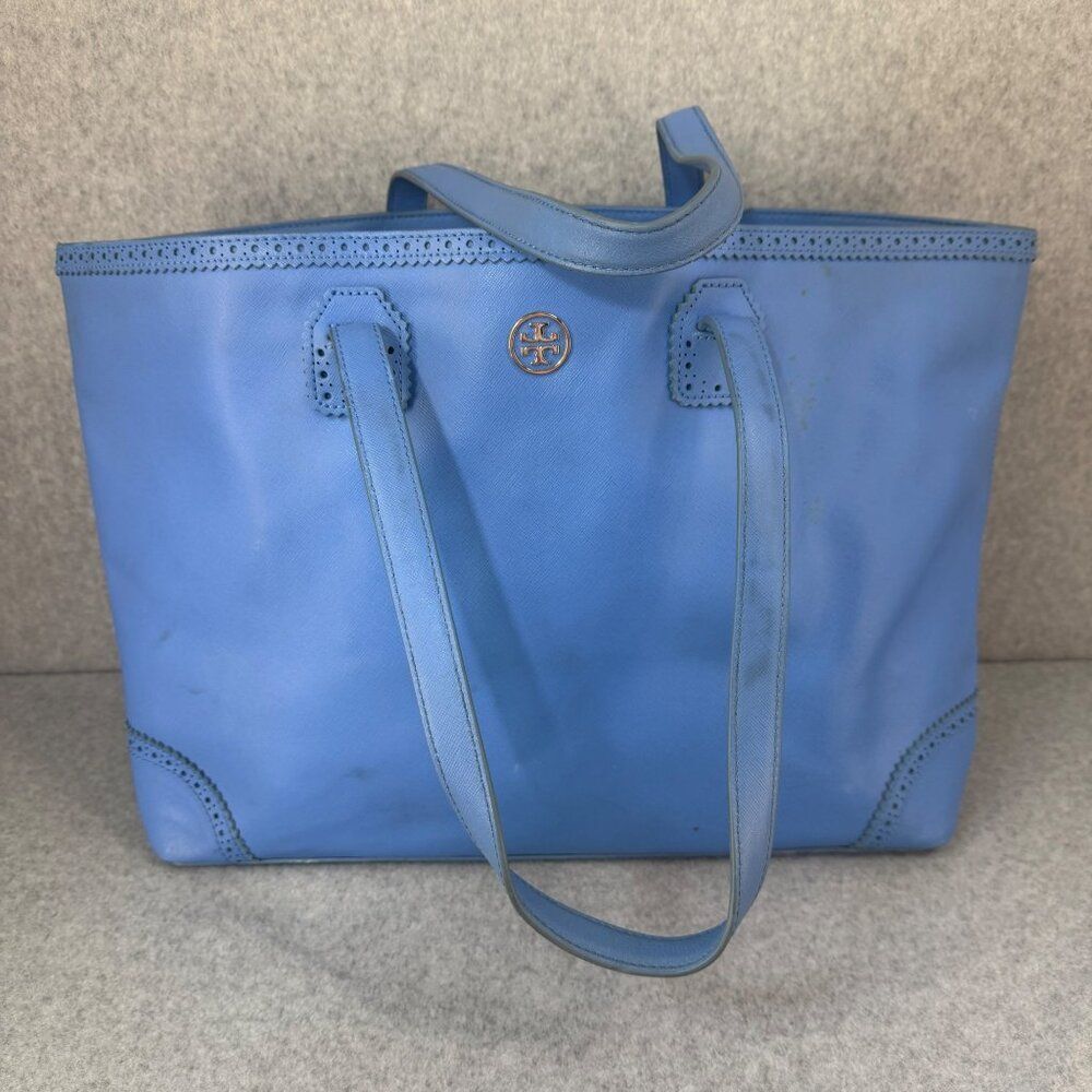 Tory Burch Blue Leather Tote Bag Perforated Details‎ Gold Logo  Shopper Tote